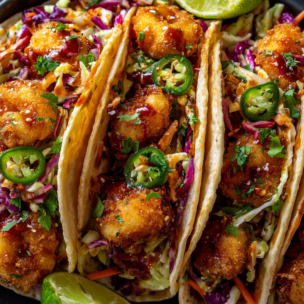 A plate of beer-battered shrimp tacos with slaw.