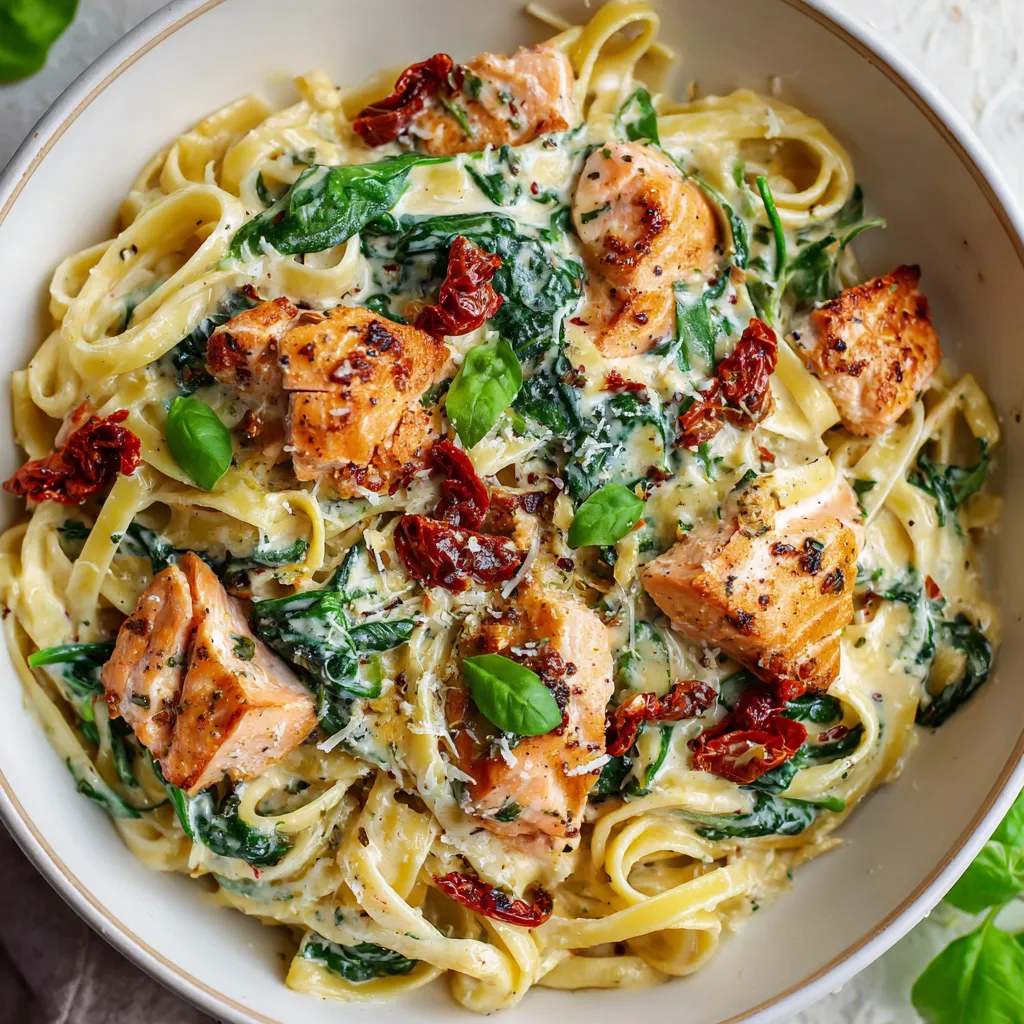 A bowl of pasta with chicken and spinach.