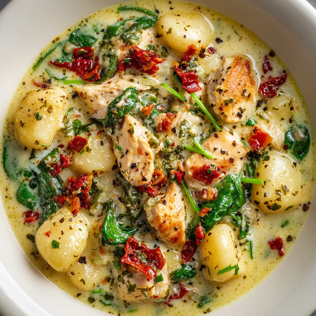A bowl of soup with chicken and potatoes.