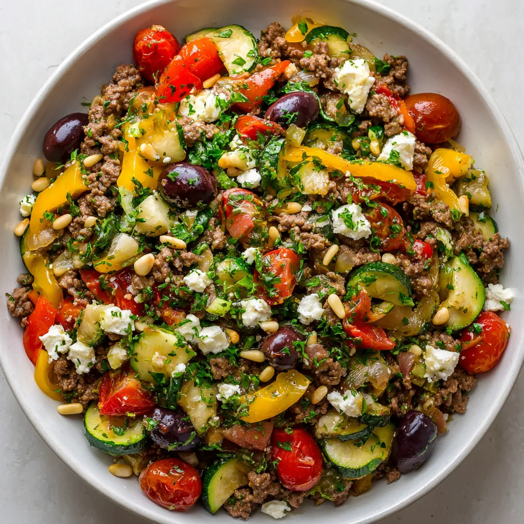 A bowl of food with tomatoes, cucumbers, and olives.