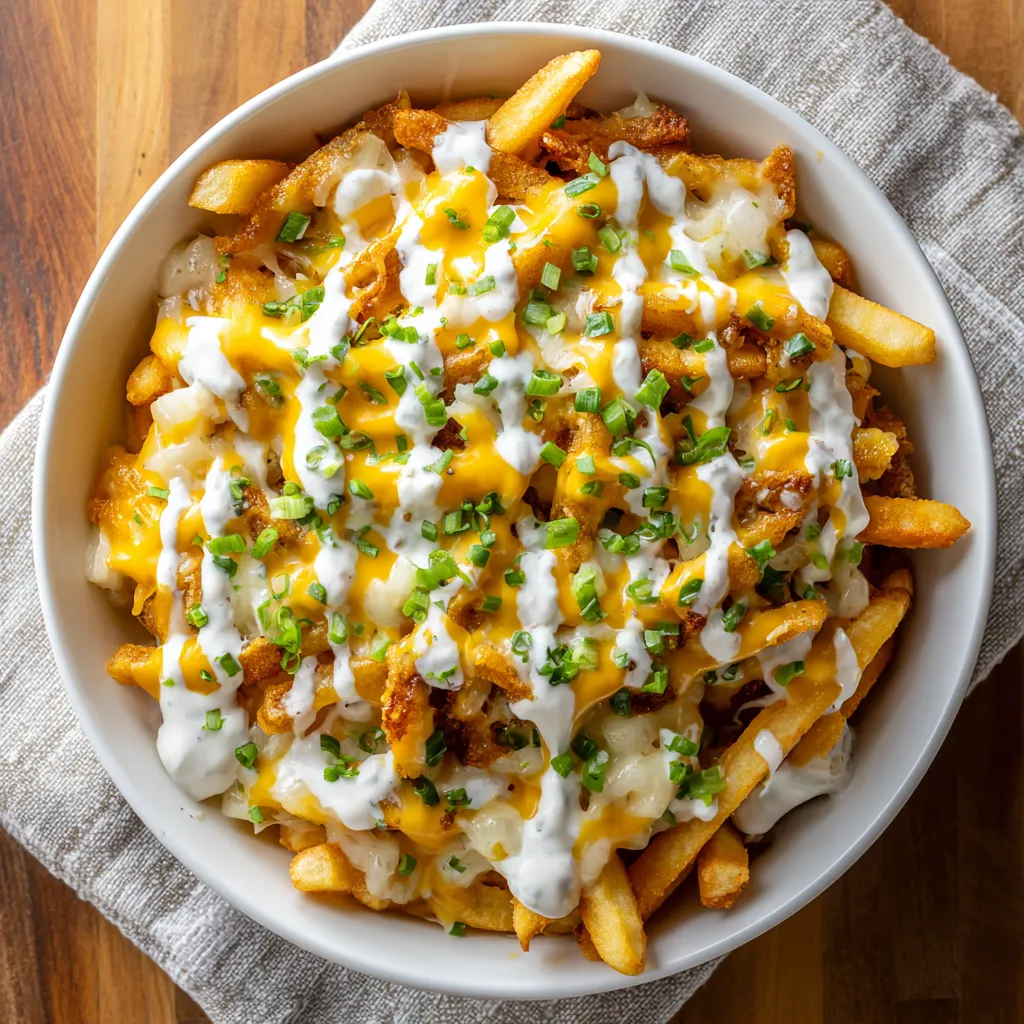 A white bowl filled with cheese and fries.