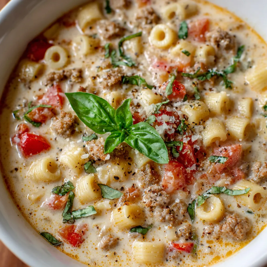 A bowl of pasta with tomatoes and spinach.