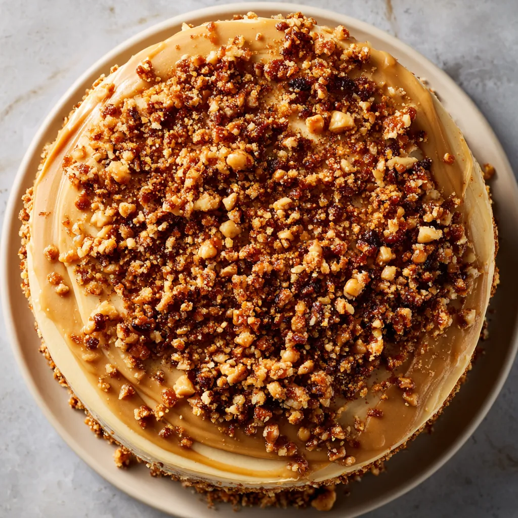A slice of cake with nuts on top.