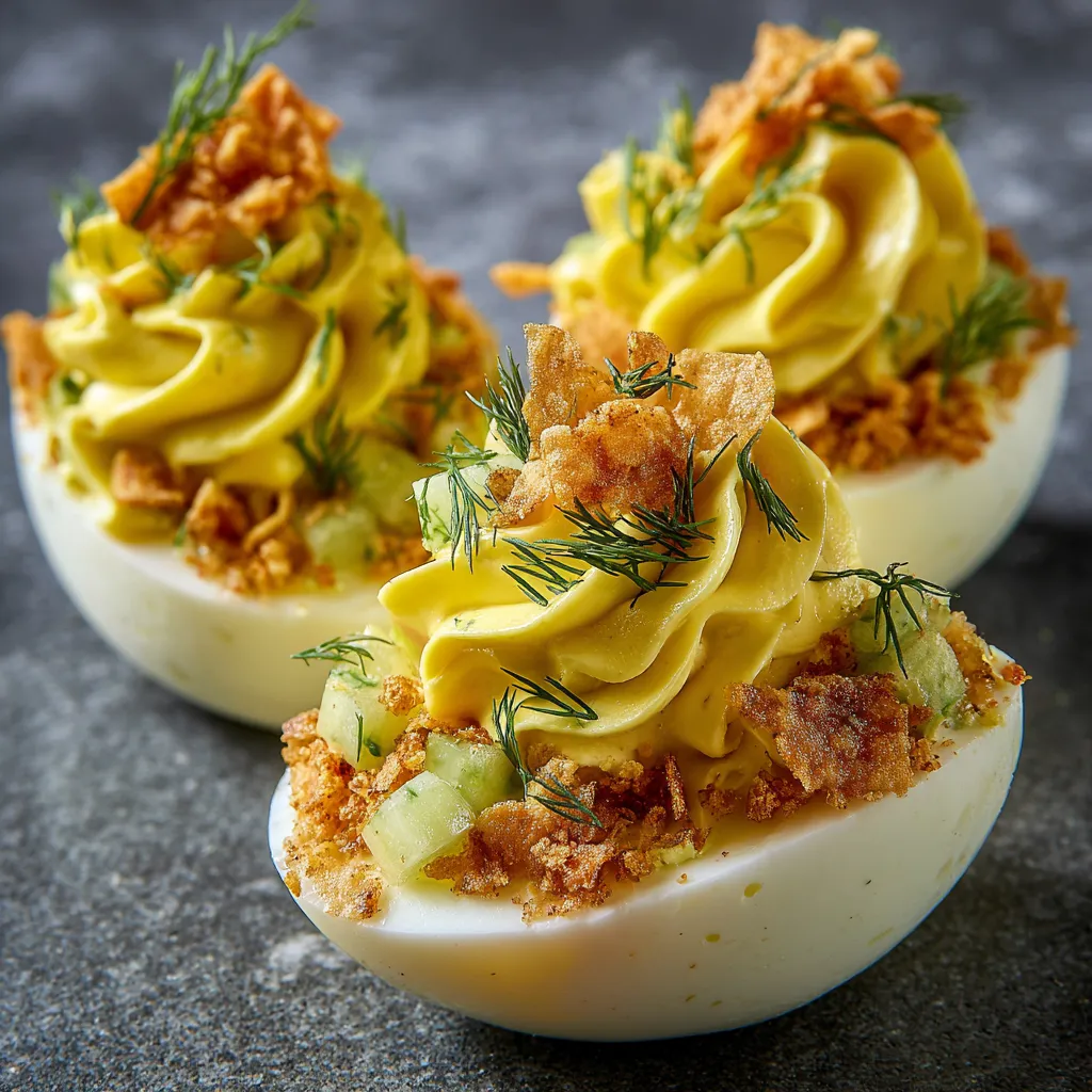 Two deviled eggs with dill and pickle toppings.