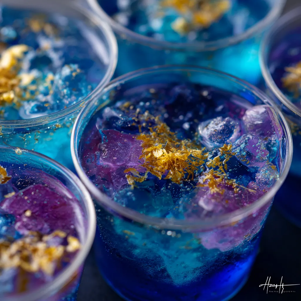 Blue drinks with gold flakes in them.