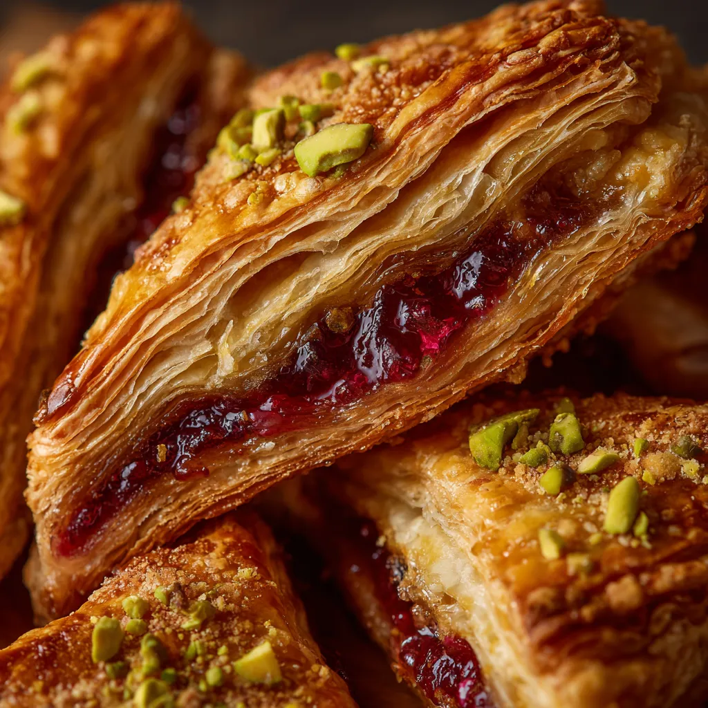 A close up of a pastry with pistachio jam.