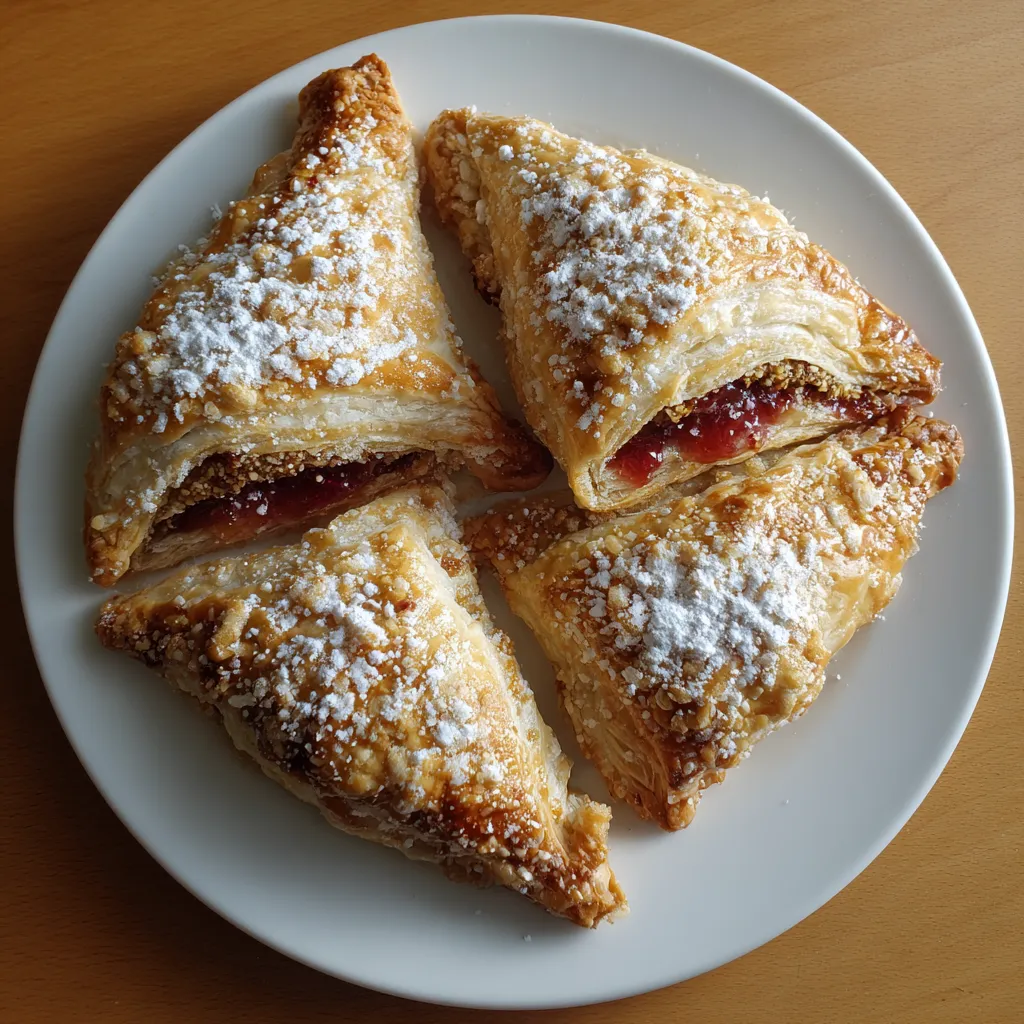 A plate of pastry with jelly and powdered sugar.