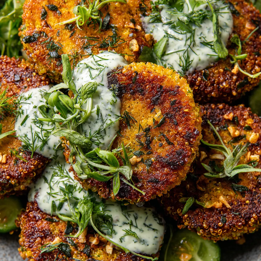 Fried quinoa cakes with herbed crunch and pickle ranch sauce.