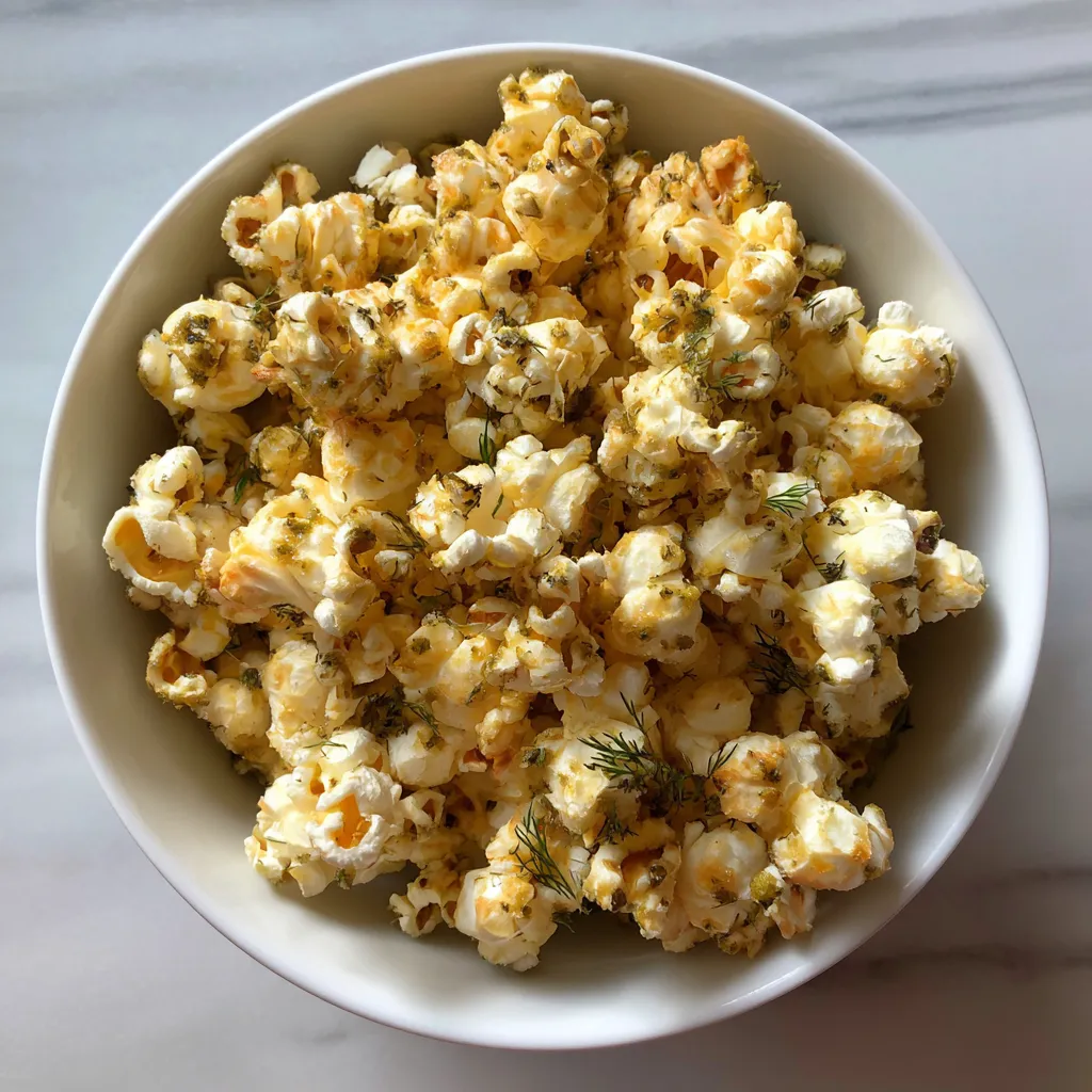 A bowl of popcorn with herbs on top.