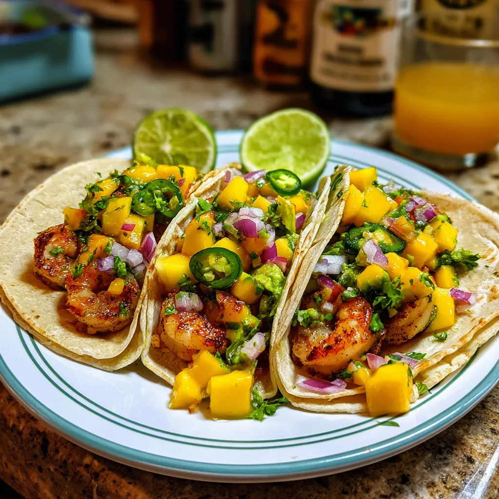 A plate of food with shrimp and mango.