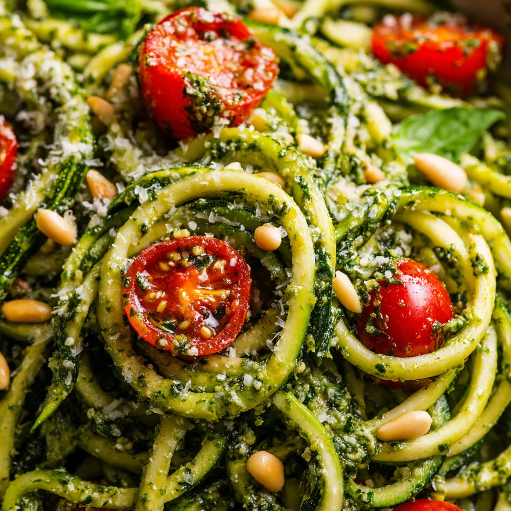 A dish of zucchini noodles with pesto.