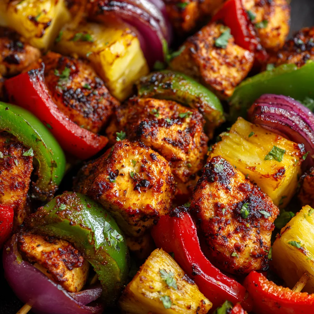 Grilled chicken skewers with pineapple and peppers.