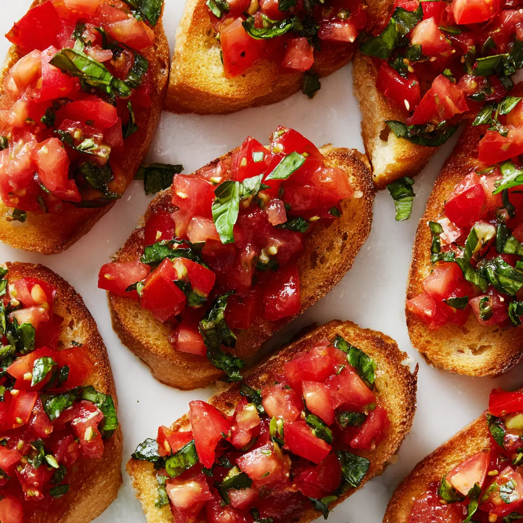A plate of tomato basil bruschetta.