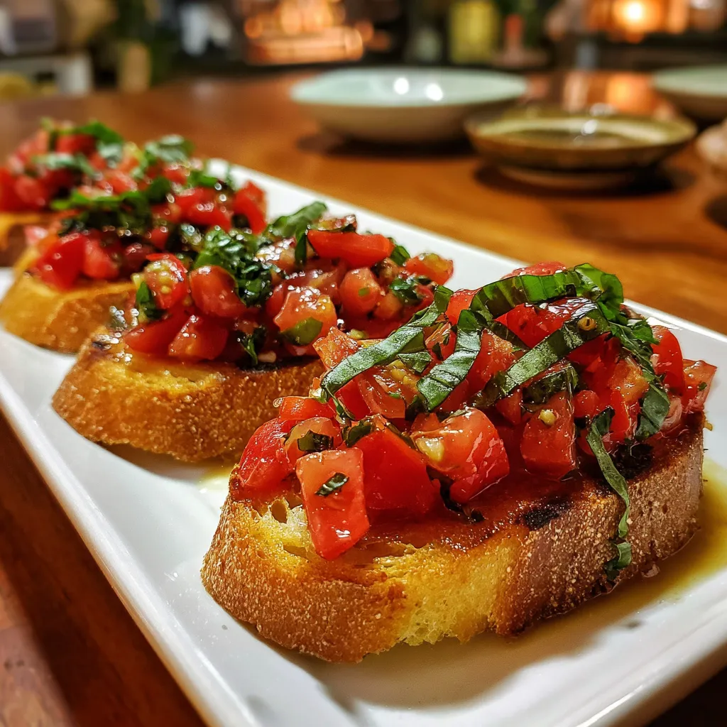 Two pieces of bread with tomatoes and basil on top.