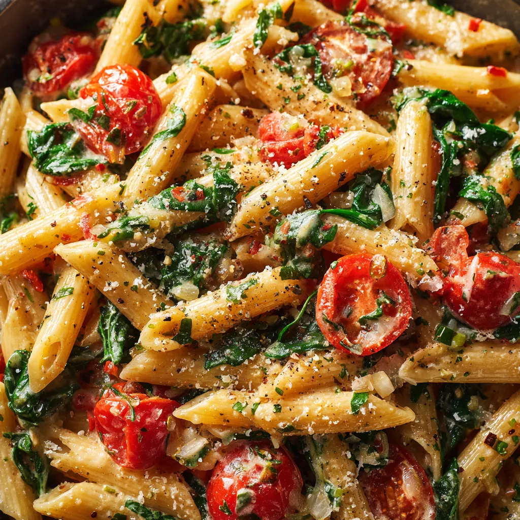 A close up of a delicious one-pot creamy tomato basil pasta.