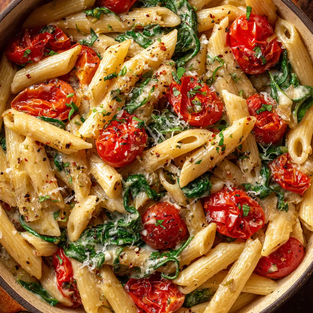A bowl of pasta with tomatoes and spinach.