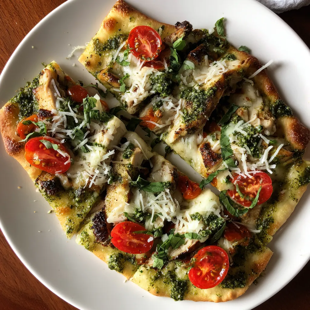 A pizza with tomatoes and spinach on a white plate.