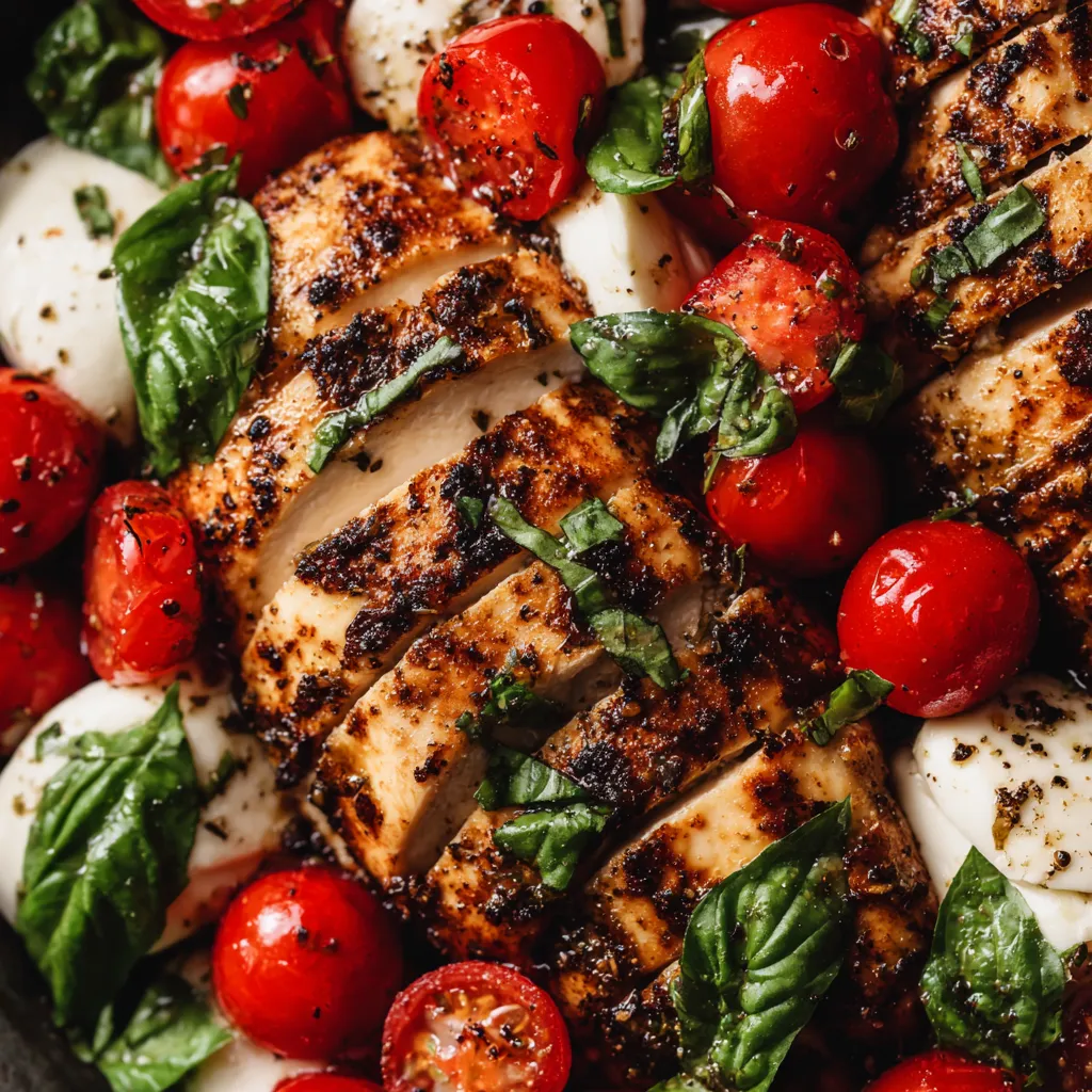 Caprese grilled chicken with tomatoes and basil.