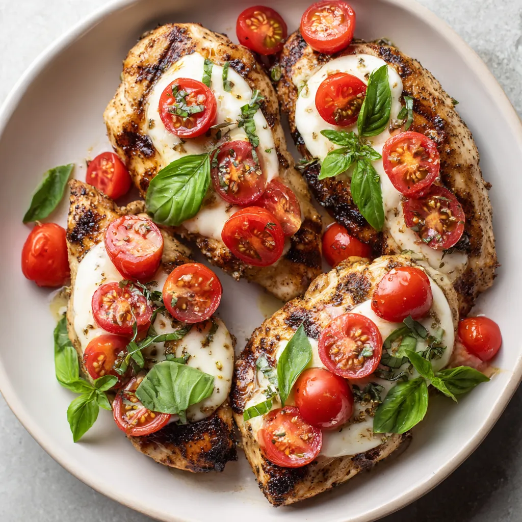 A plate of chicken with tomatoes and basil.