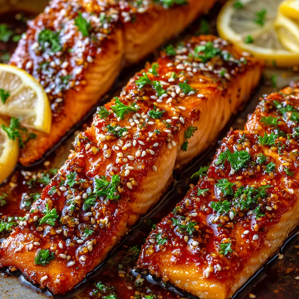 A close up of a piece of salmon with a honey garlic glaze.
