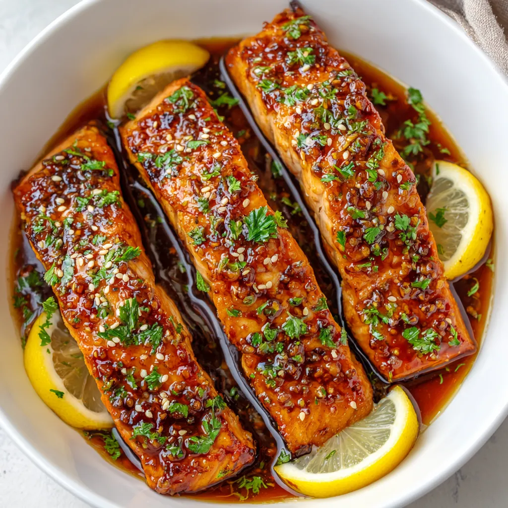 A bowl of fish with lemon slices.