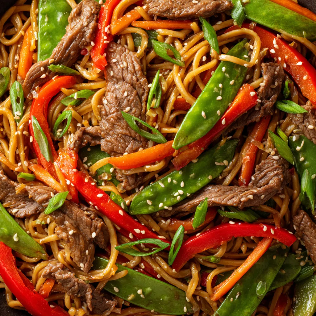 A dish of beef and vegetables, including carrots and peppers, with a sesame sauce.