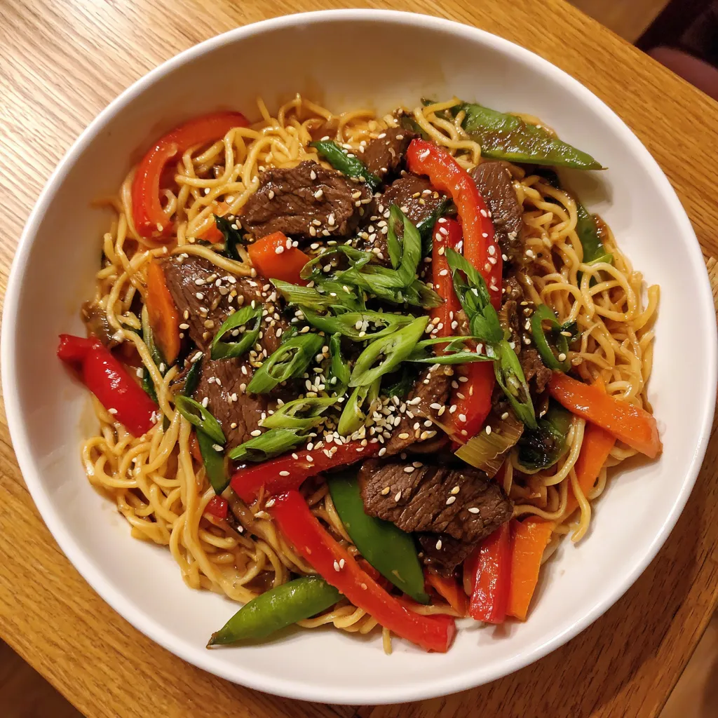 A bowl of noodles with meat and vegetables.