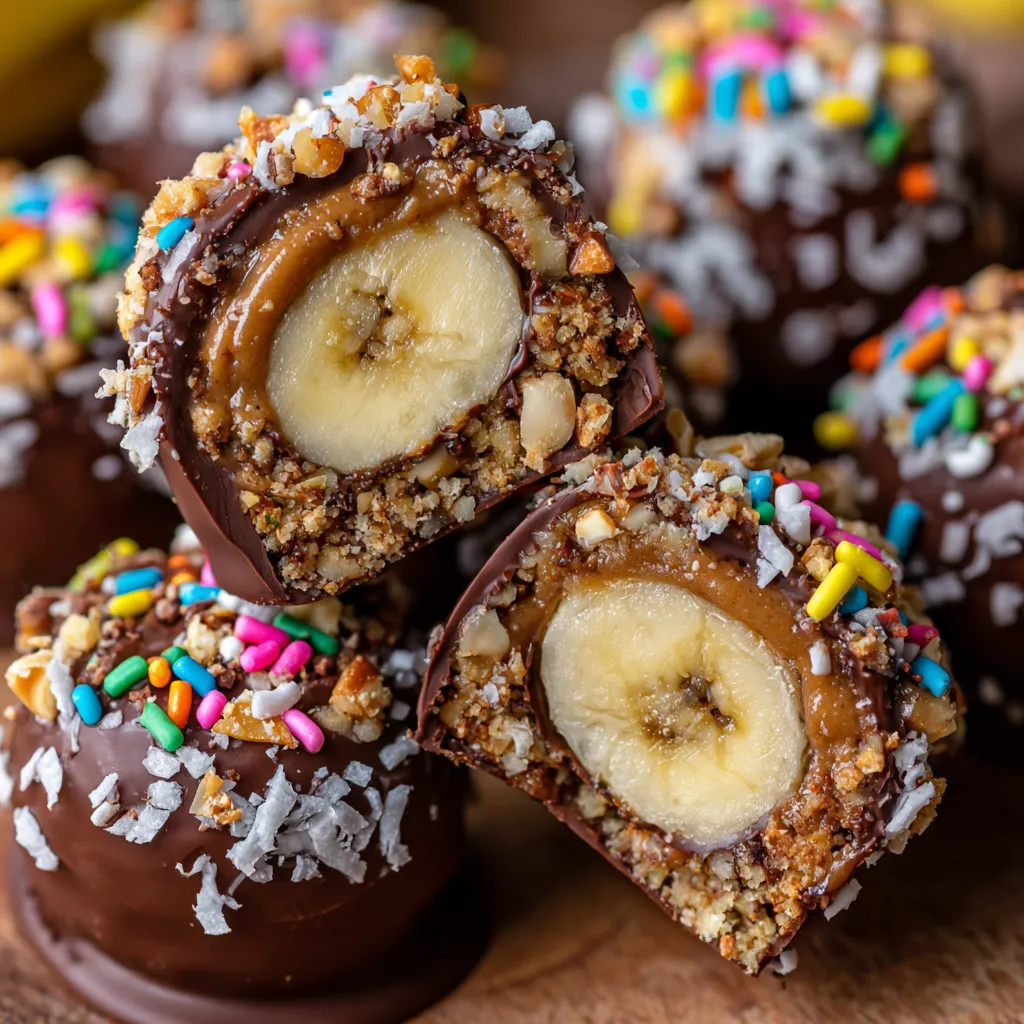 Chocolate covered banana bites with nuts.