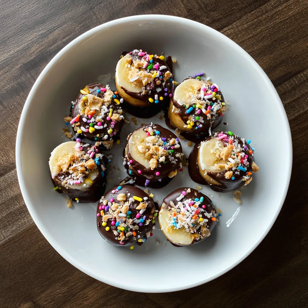 A white plate with chocolate covered bananas.