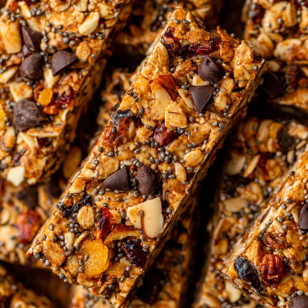 A close up of a granola bar with chocolate chips.