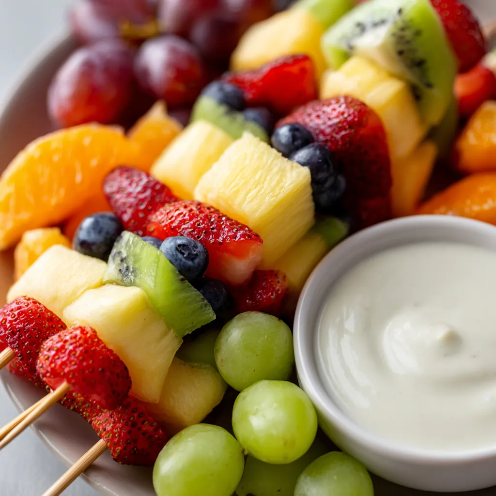 A plate of fruit skewers with yogurt dip.