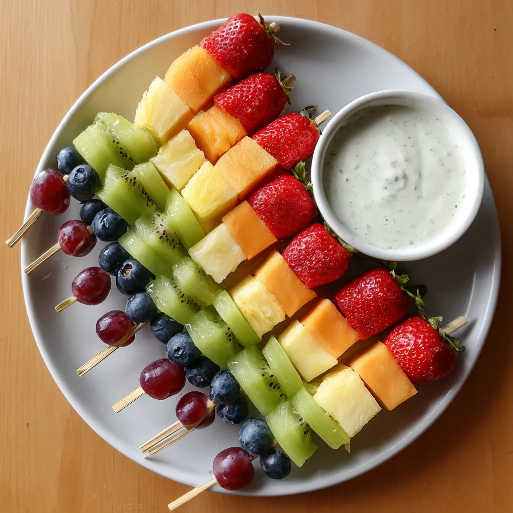 A plate of fruit skewers with a bowl of dip.