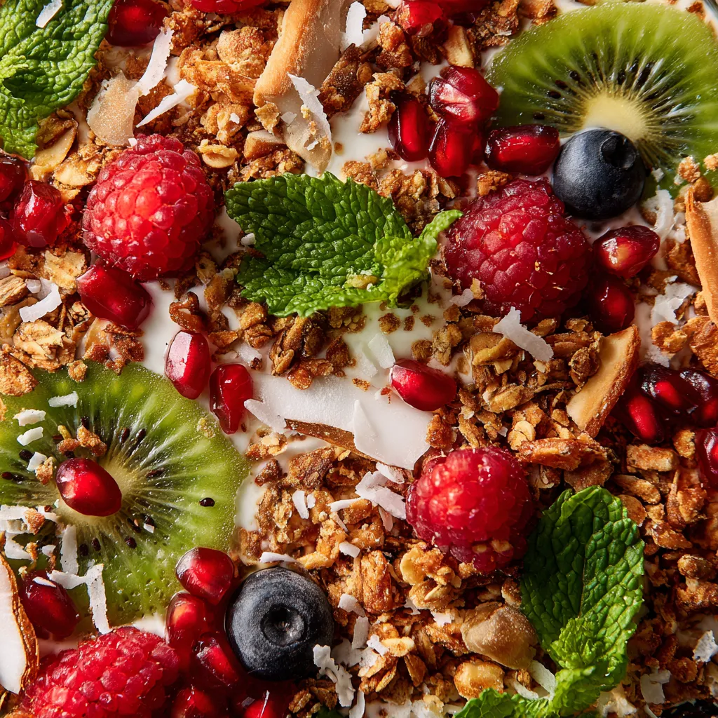 A bowl of exotic smoothie with fruits and nuts.