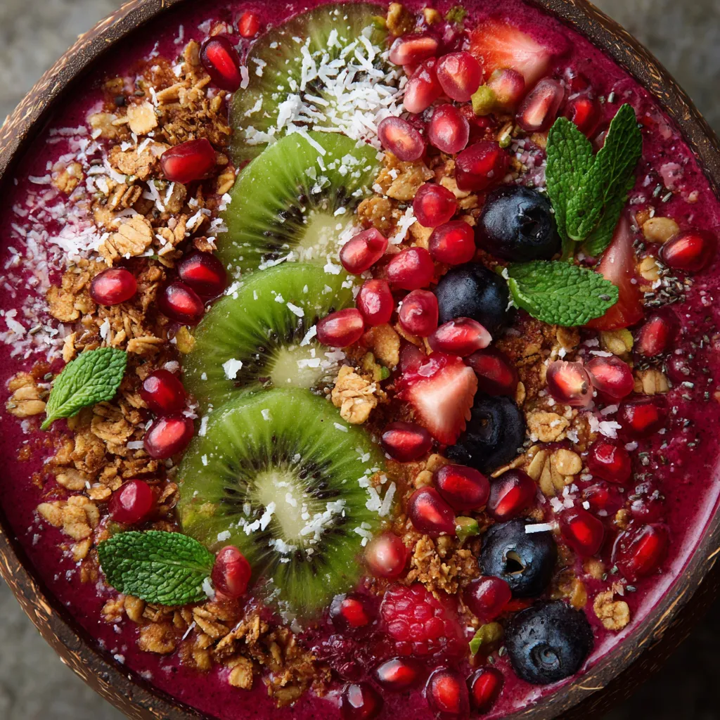 A bowl of fruit with kiwi, strawberries, blueberries, and raspberries.
