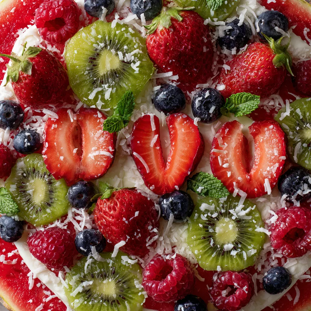 A slice of watermelon pizza with kiwi, strawberries, blueberries, and coconut.