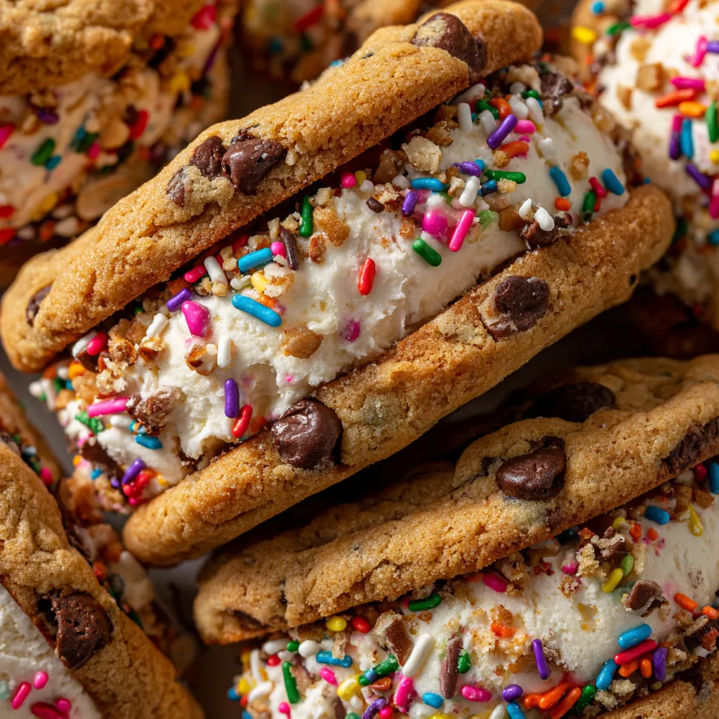 A close up of a chocolate chip cookie sandwich with vanilla ice cream.