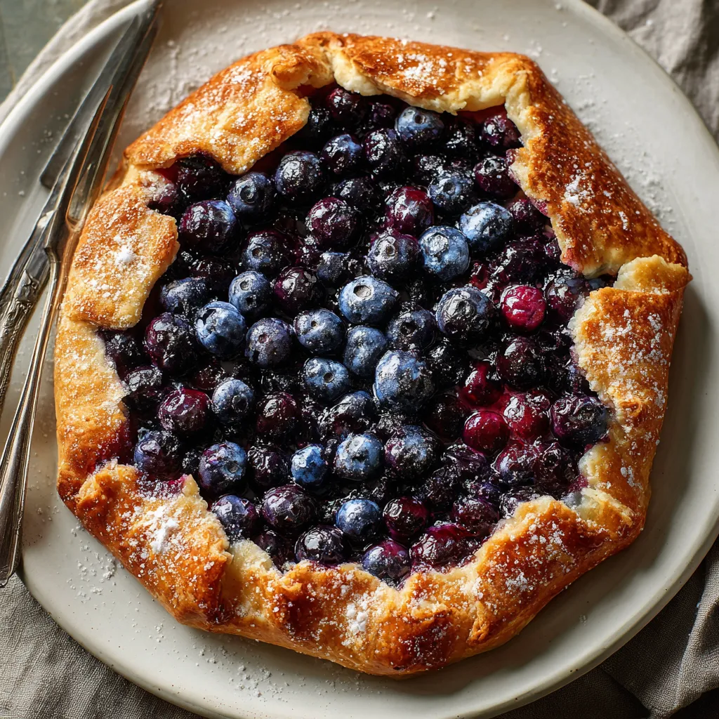 A blueberry pie with a blueberry in the center.