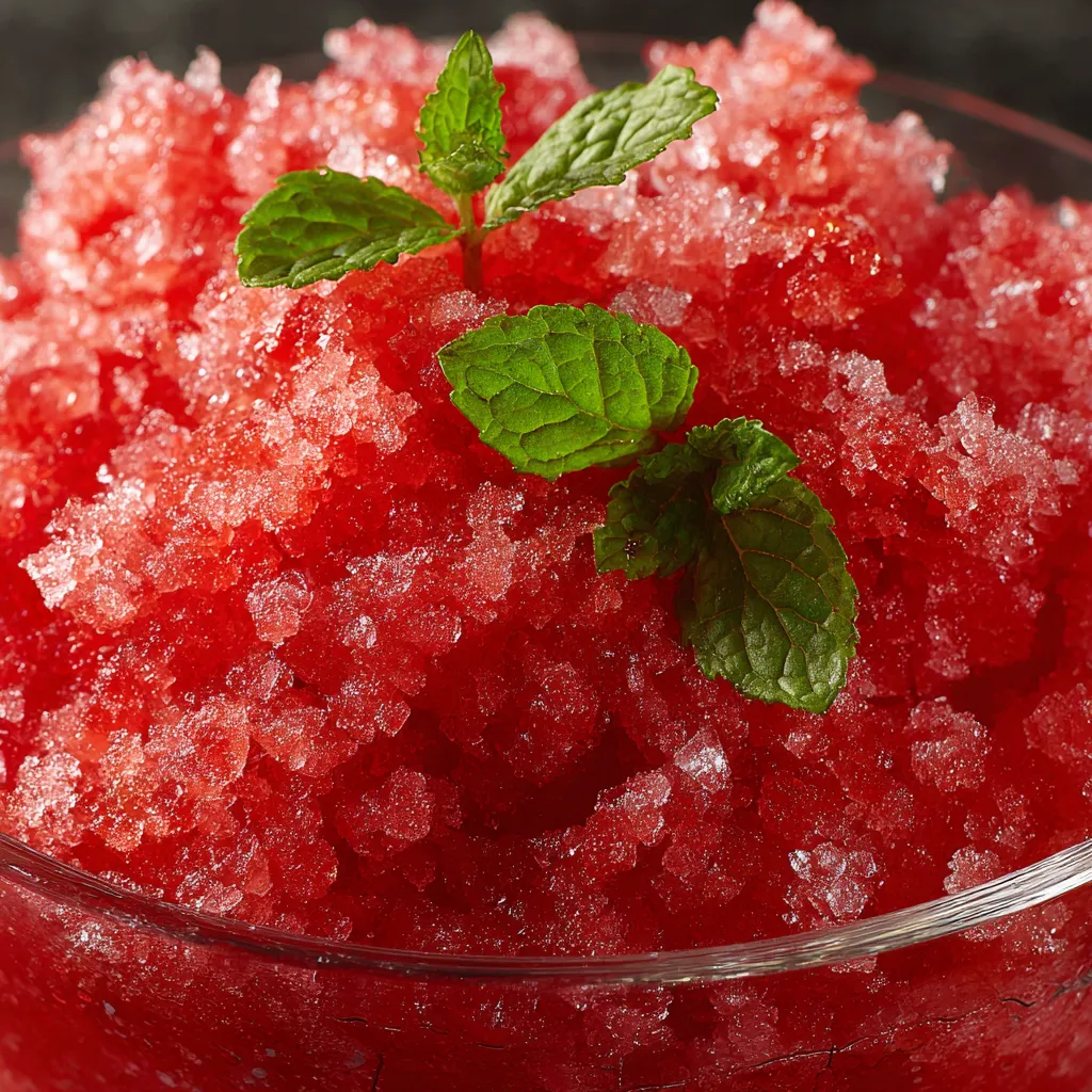 A bowl of red frozen pudding with a green leaf on top.