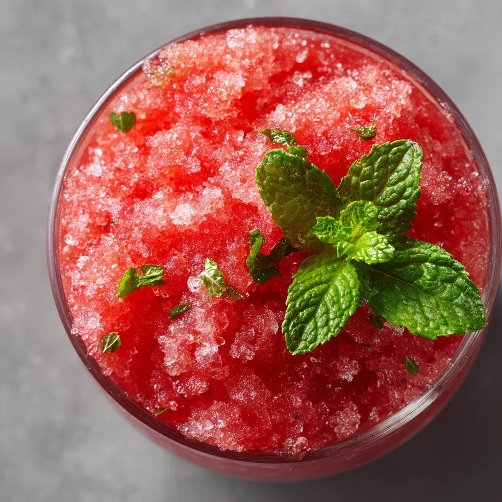A glass of red juice with a mint leaf on top.