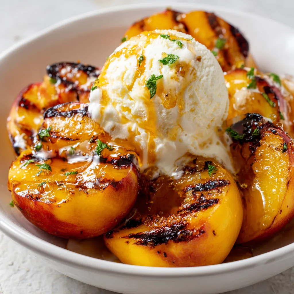 A bowl of grilled peaches with honey and vanilla ice cream.