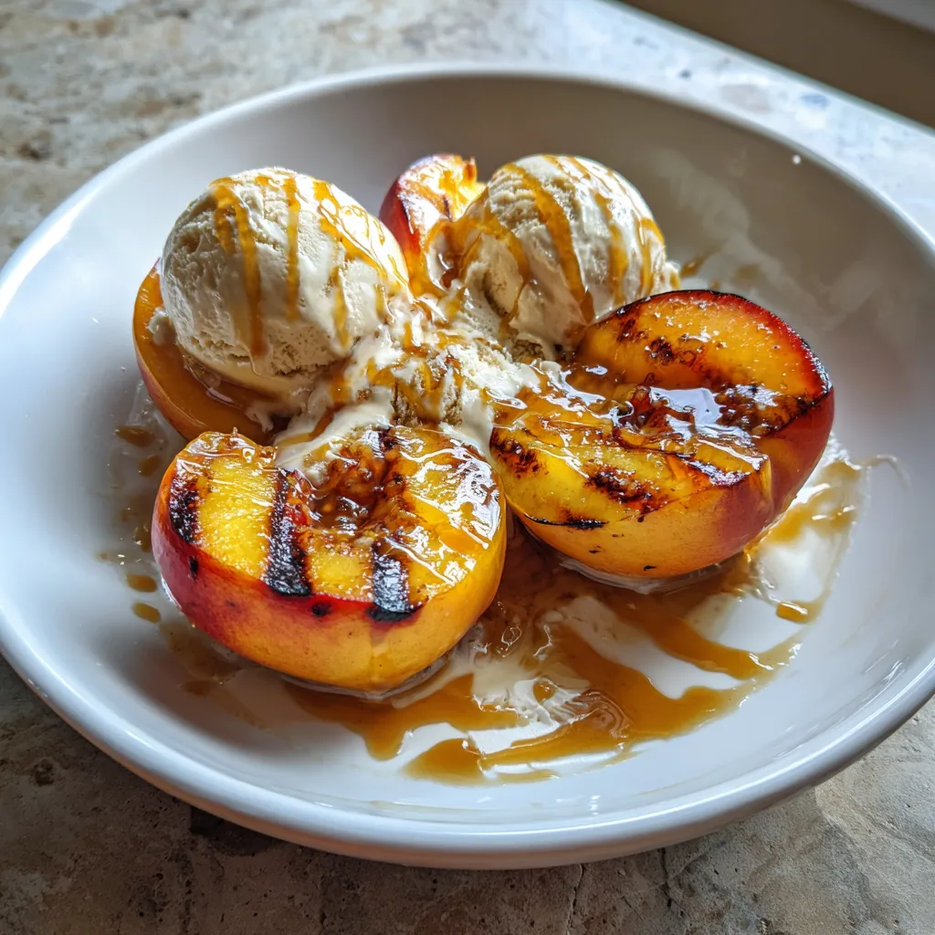 A plate of peaches with ice cream.