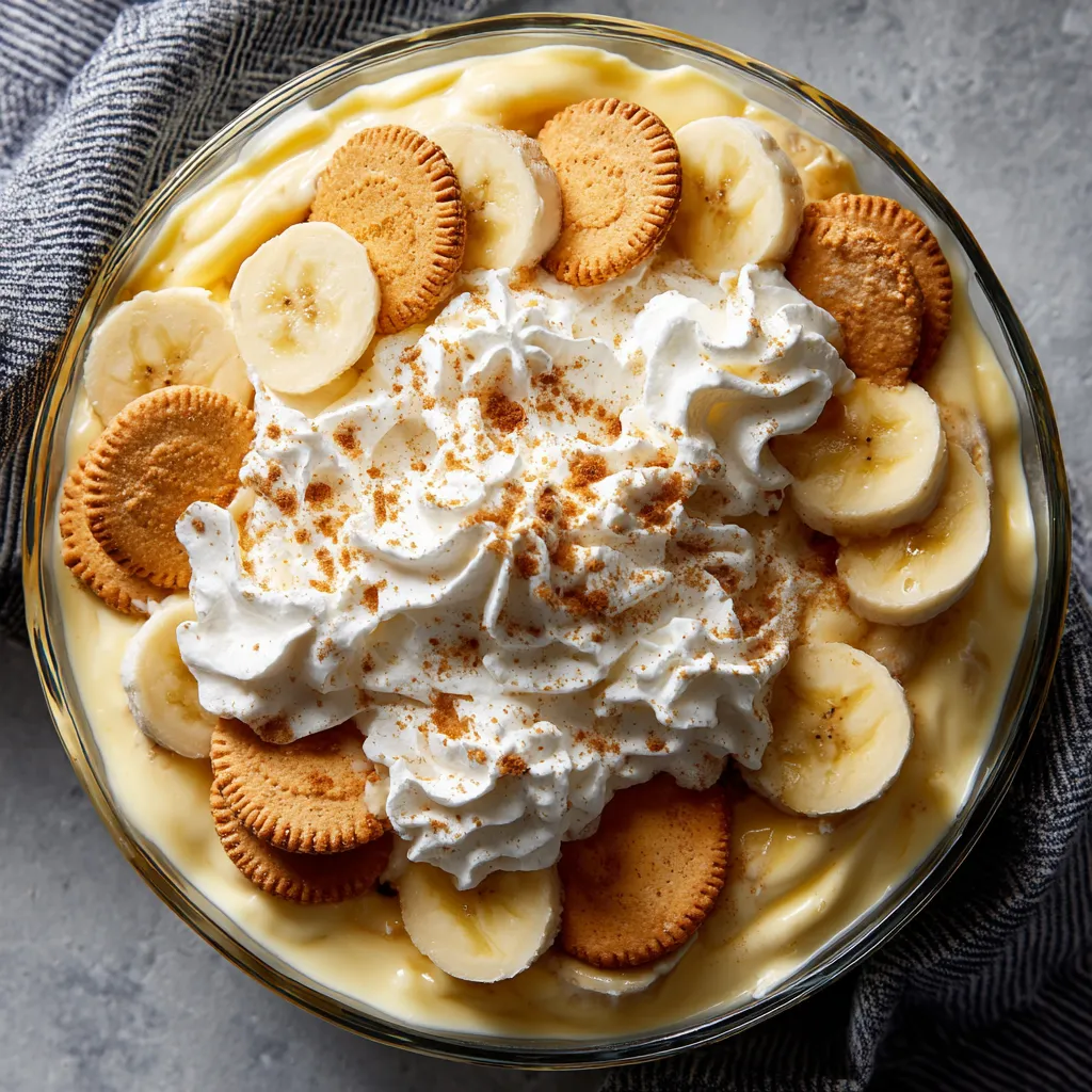 A bowl of banana cream pie with whipped cream.