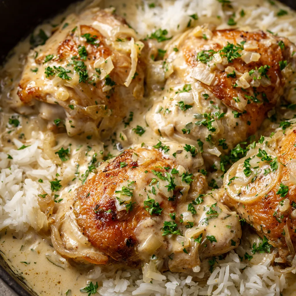 A dish of creamy smothered chicken and rice.