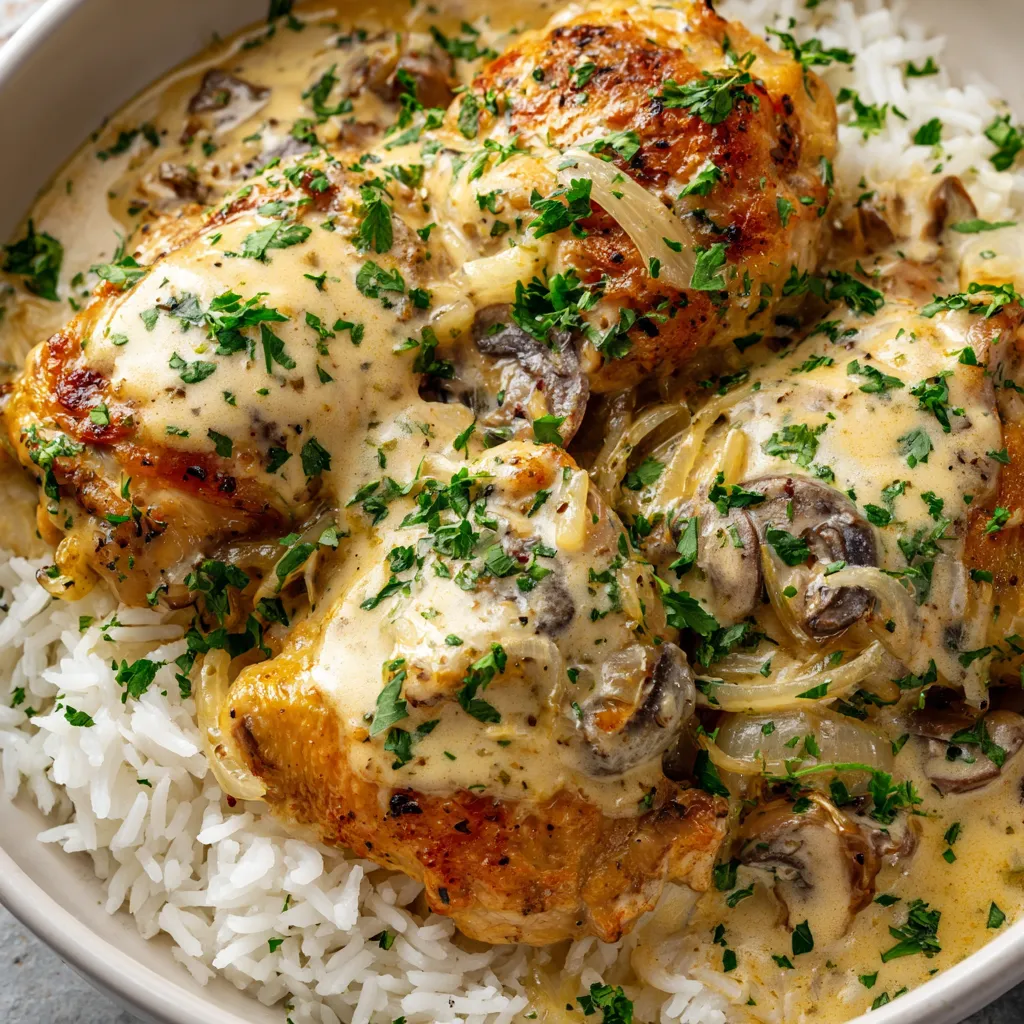 A bowl of chicken with rice and mushrooms.