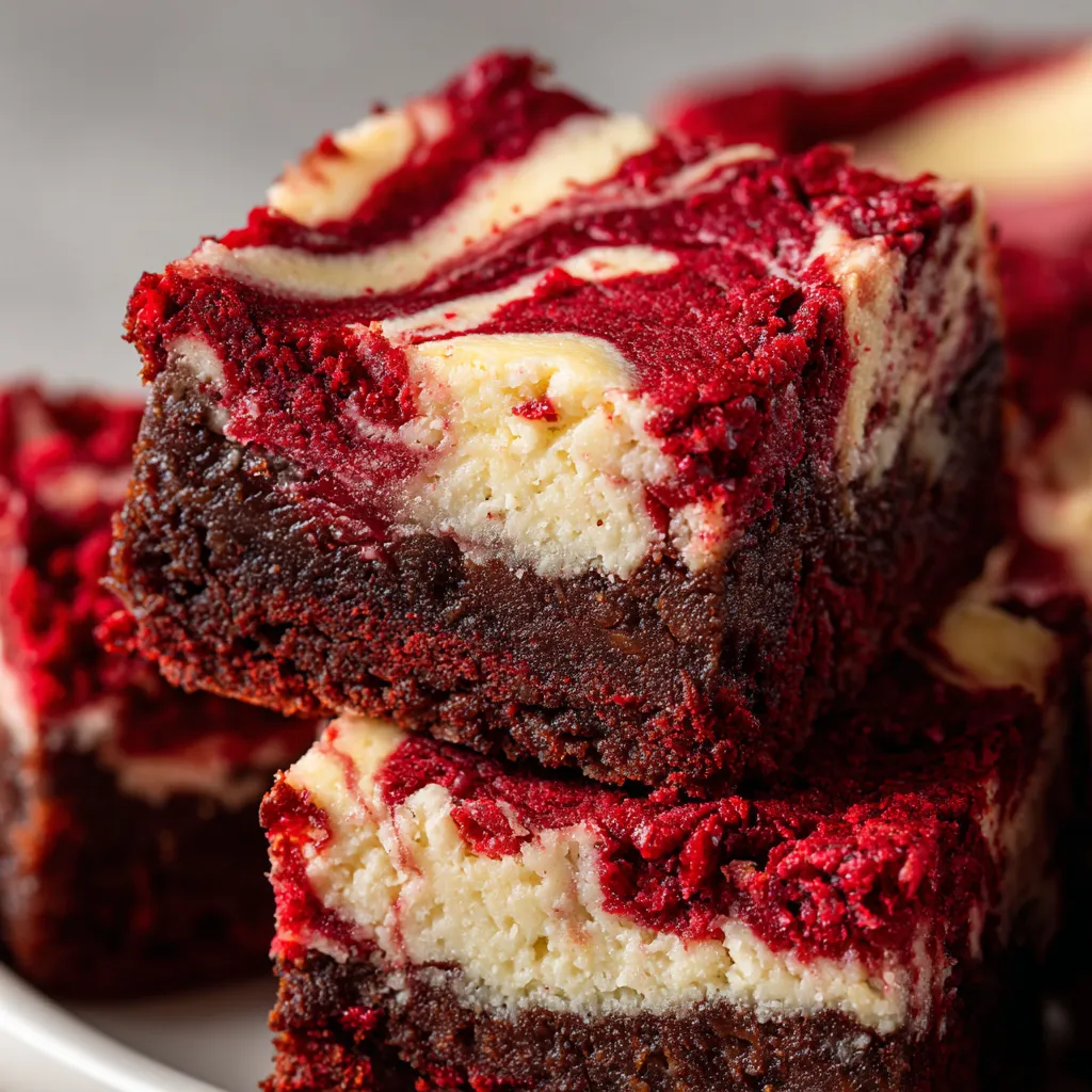 A close up of a red velvet cheesecake brownie.
