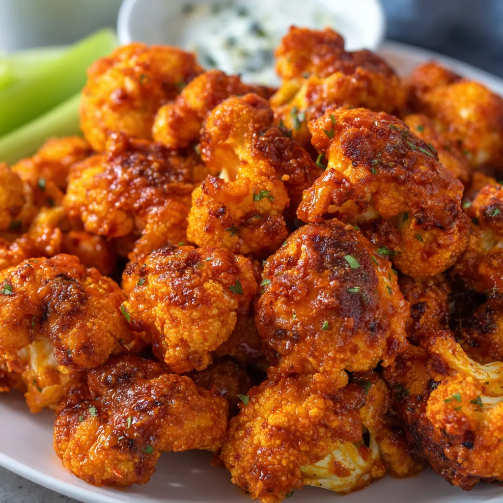 A plate of air fryer buffalo cauliflower.