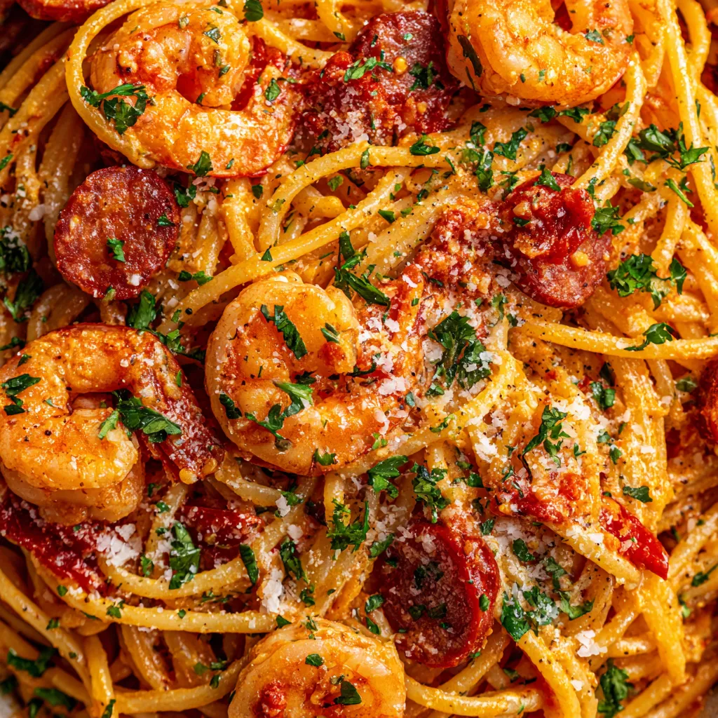 Une image de spaghetti avec une sauce de poivrons, des chorizos et des langoustines.