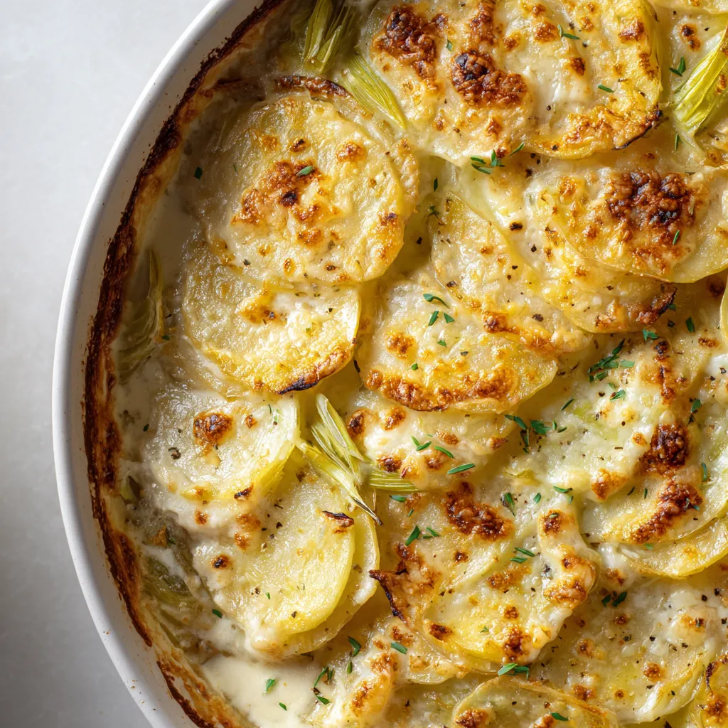 Une casserole de pommes de terre et de potatoes gratinée.