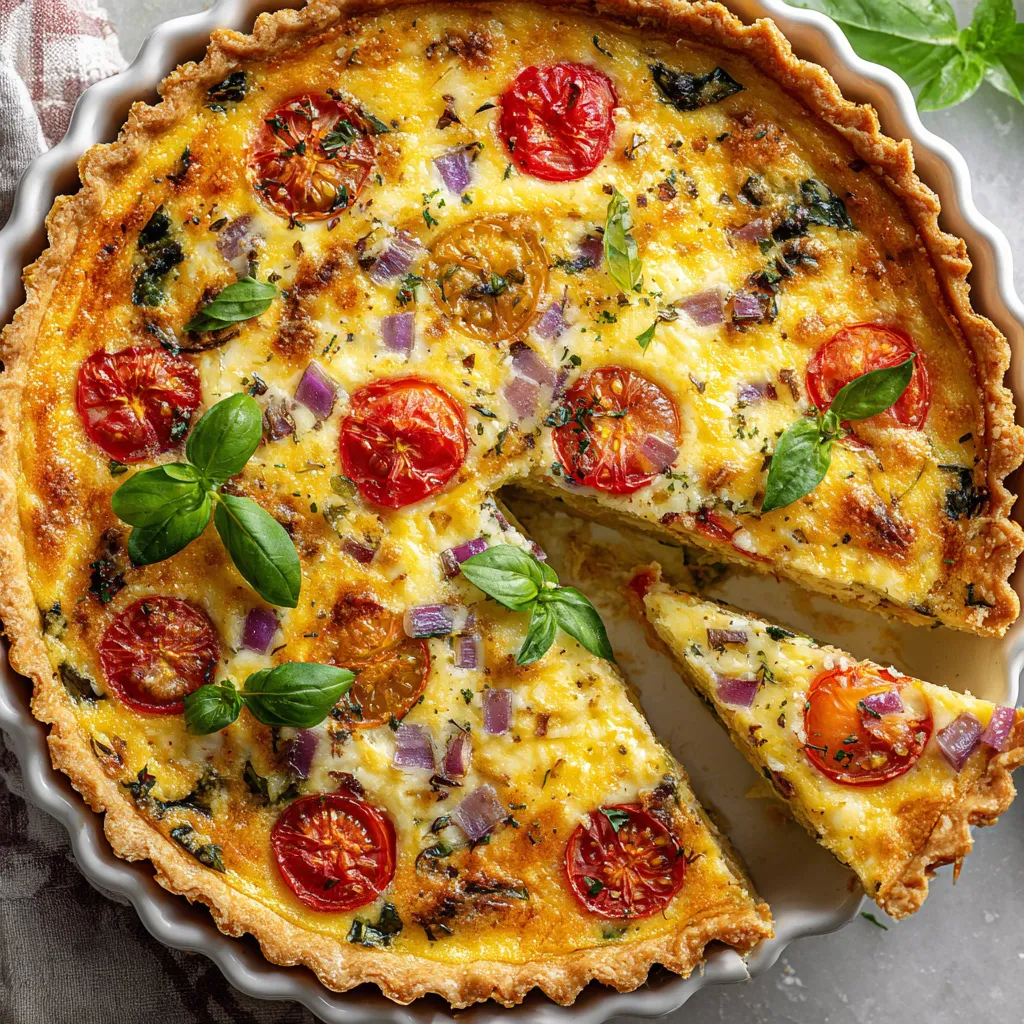 Une tarte aux tomates est servie sur un plateau.