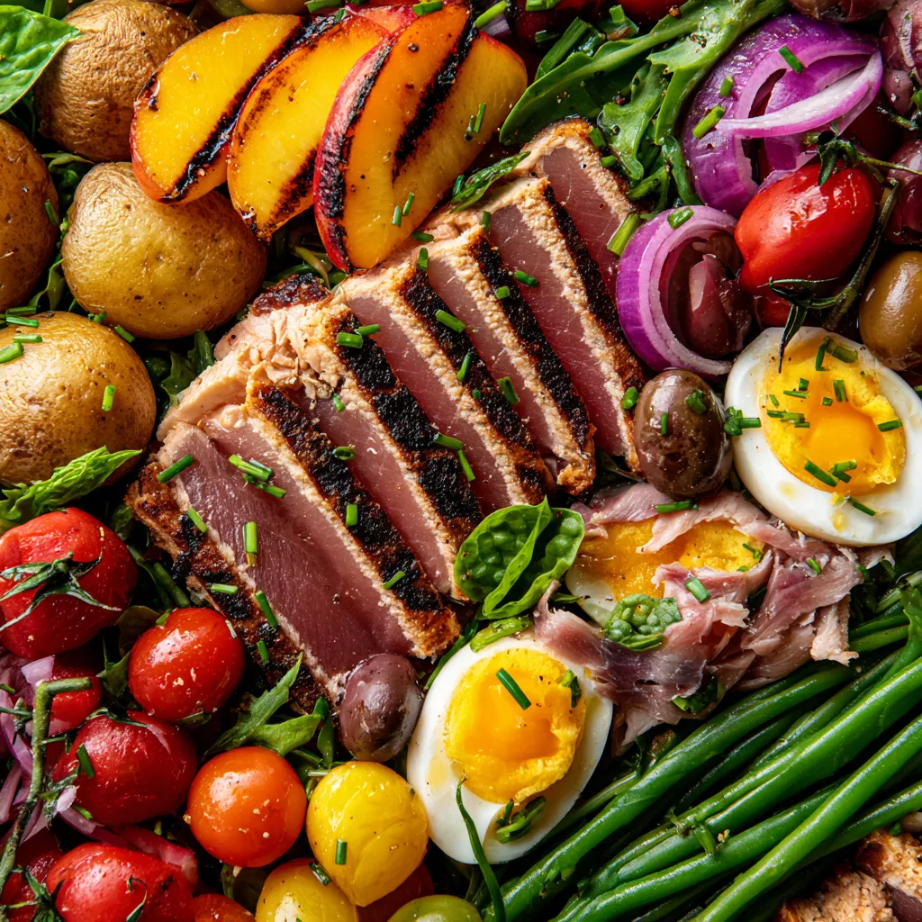 Une salade Niçoise gourmet avec des grillées de pêches et une vinaigrette d'amande.